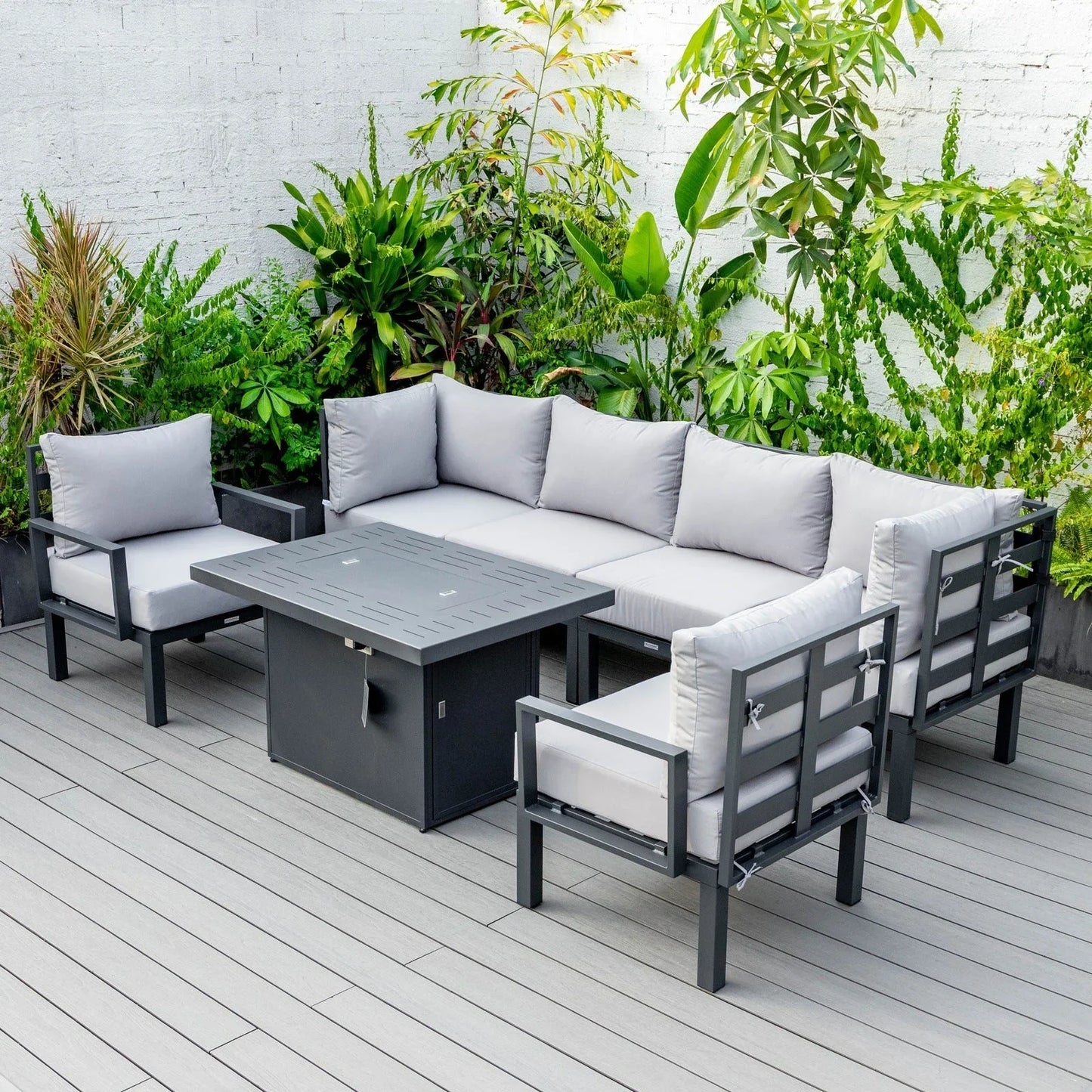 Chelsea 7-Piece Patio Sectional Set in Black Aluminum with Fire Pit Table - Elax Furniture