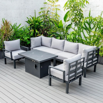 Chelsea 7-Piece Patio Sectional Set in Black Aluminum with Fire Pit Table - Elax Furniture