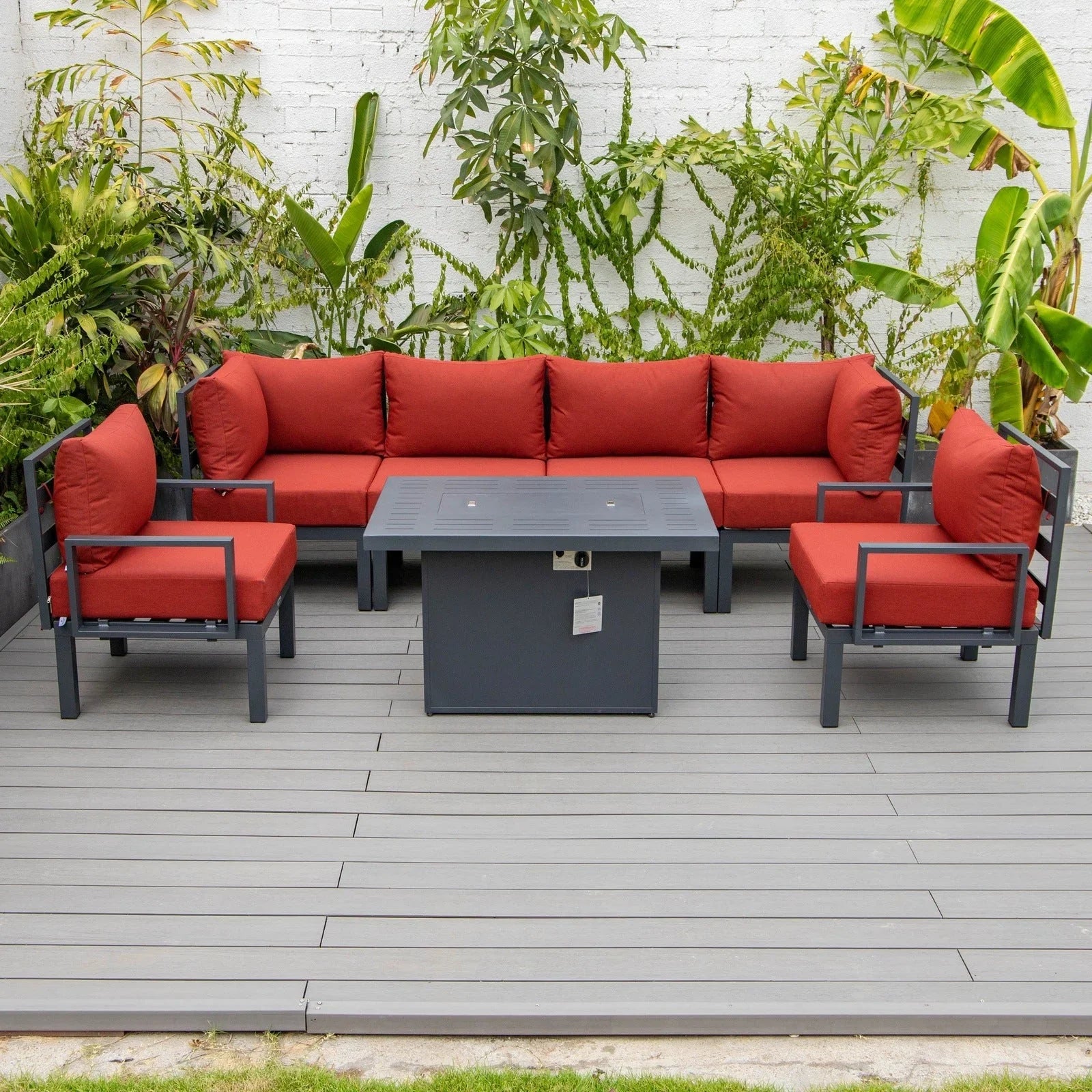 Chelsea 7-Piece Patio Sectional Set in Black Aluminum with Fire Pit Table - Elax Furniture