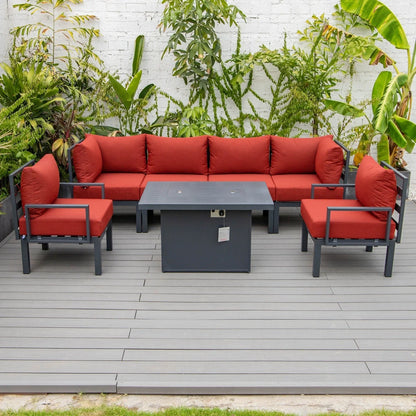 Chelsea 7-Piece Patio Sectional Set in Black Aluminum with Fire Pit Table - Elax Furniture