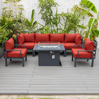 Chelsea 7-Piece Patio Sectional Set in Black Aluminum with Fire Pit Table - Elax Furniture