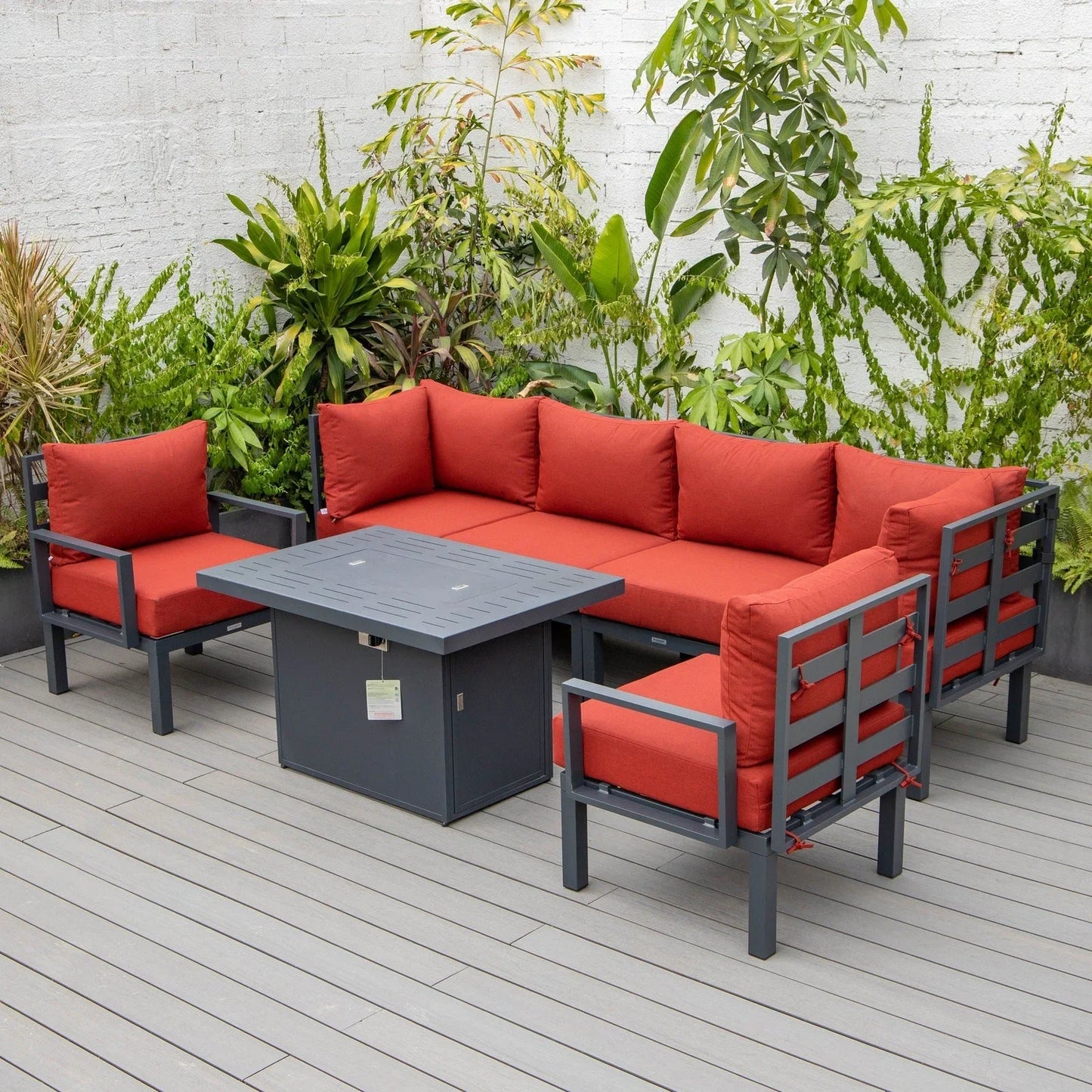 Chelsea 7-Piece Patio Sectional Set in Black Aluminum with Fire Pit Table - Elax Furniture