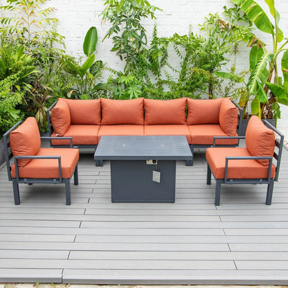 Chelsea 7-Piece Patio Sectional Set in Black Aluminum with Fire Pit Table - Elax Furniture
