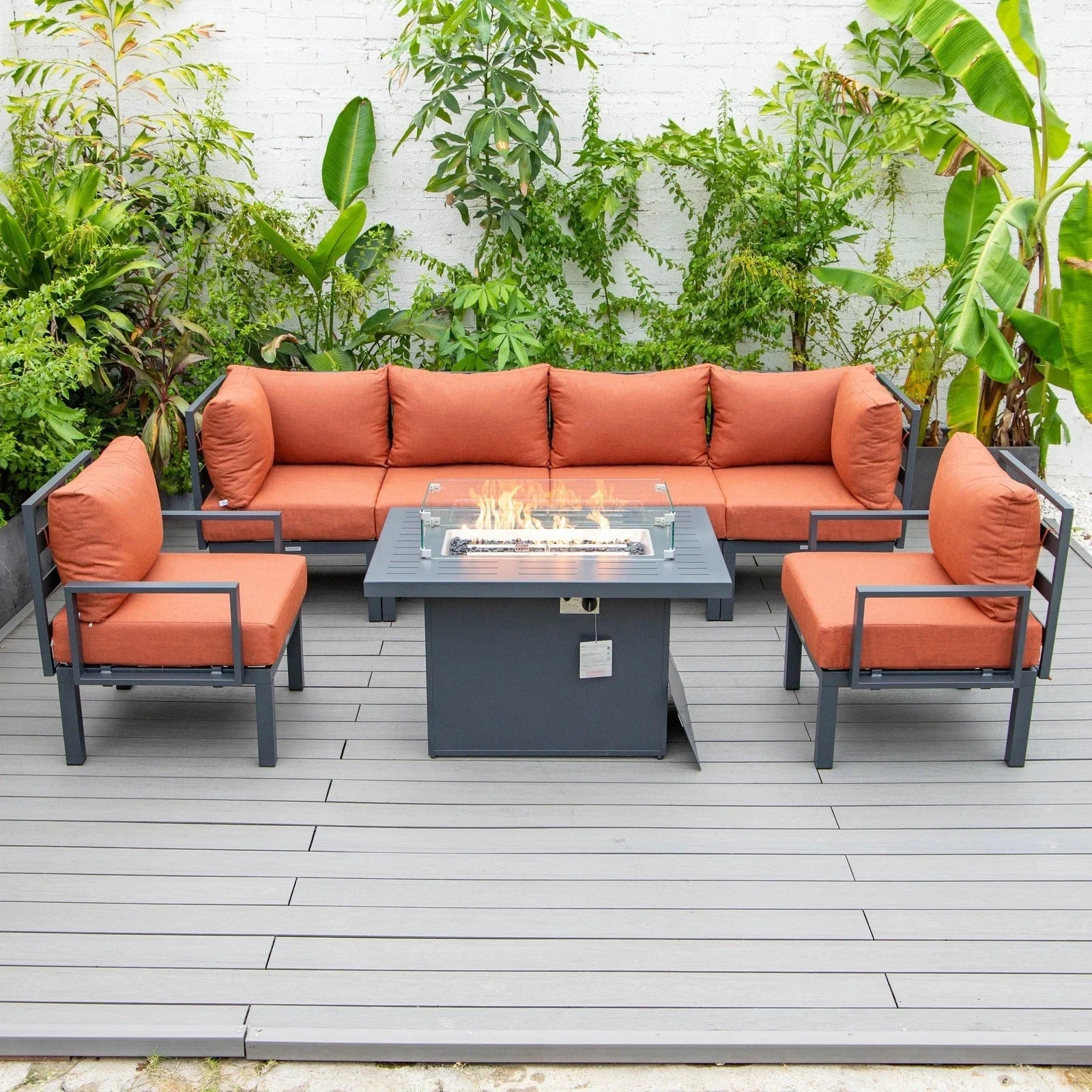 Chelsea 7-Piece Patio Sectional Set in Black Aluminum with Fire Pit Table - Elax Furniture