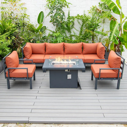 Chelsea 7-Piece Patio Sectional Set in Black Aluminum with Fire Pit Table - Elax Furniture