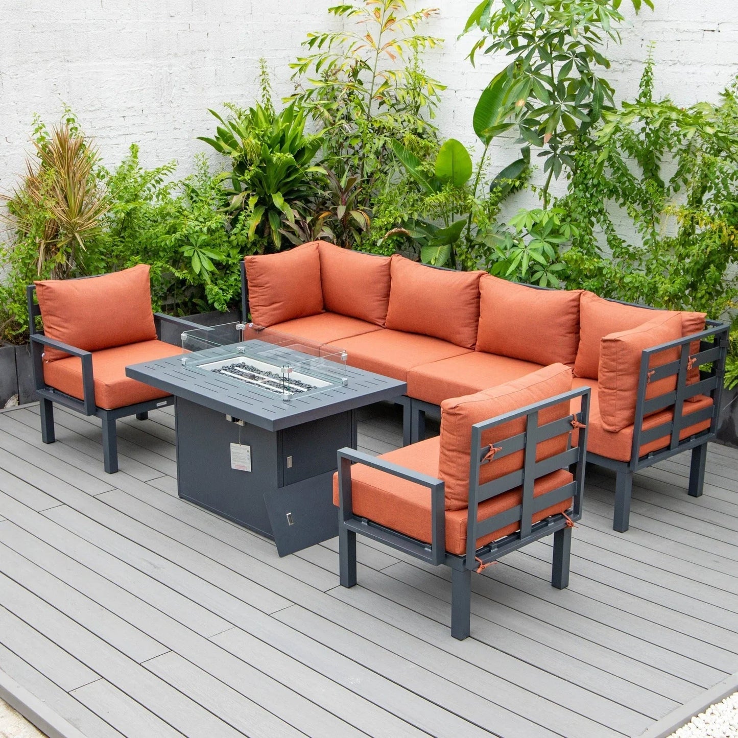 Chelsea 7-Piece Patio Sectional Set in Black Aluminum with Fire Pit Table - Elax Furniture
