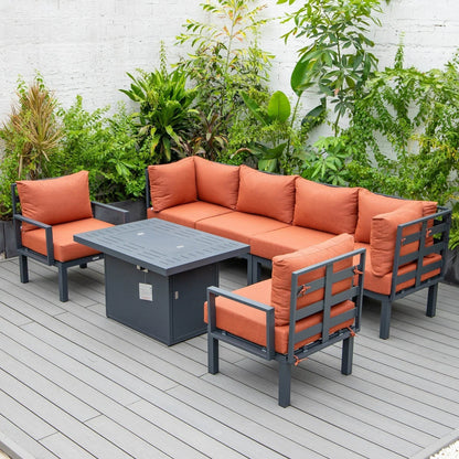 Chelsea 7-Piece Patio Sectional Set in Black Aluminum with Fire Pit Table - Elax Furniture