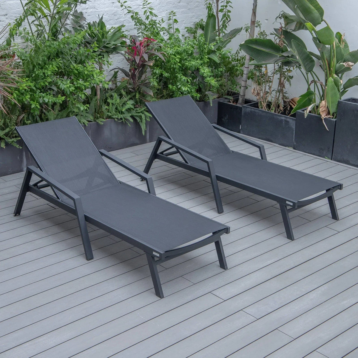 Marlin Patio Chaise Lounge Chair with Armrests in Black Aluminum Frame, Set of 2 - Elax Furniture