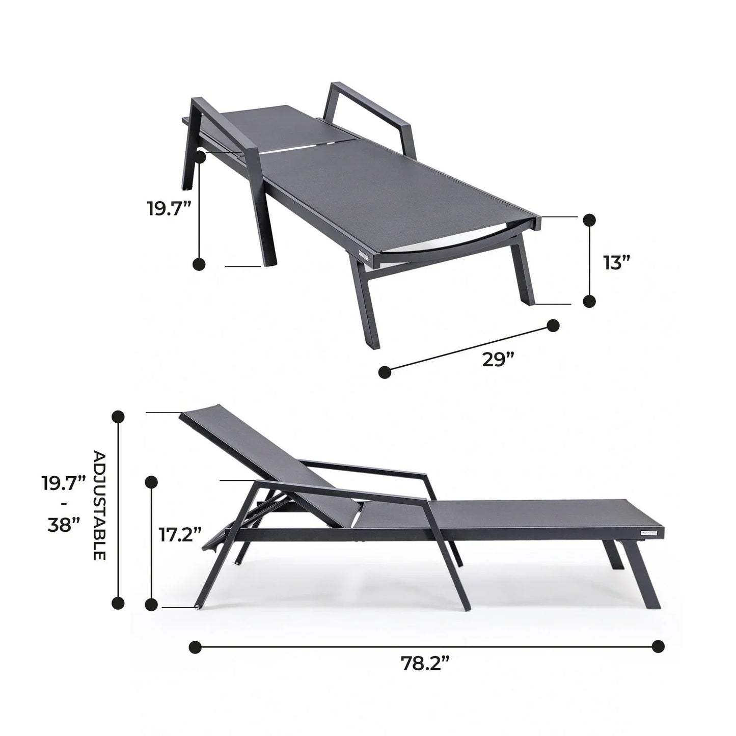 Marlin Patio Chaise Lounge Chair with Armrests in Black Aluminum Frame, Set of 2 - Elax Furniture