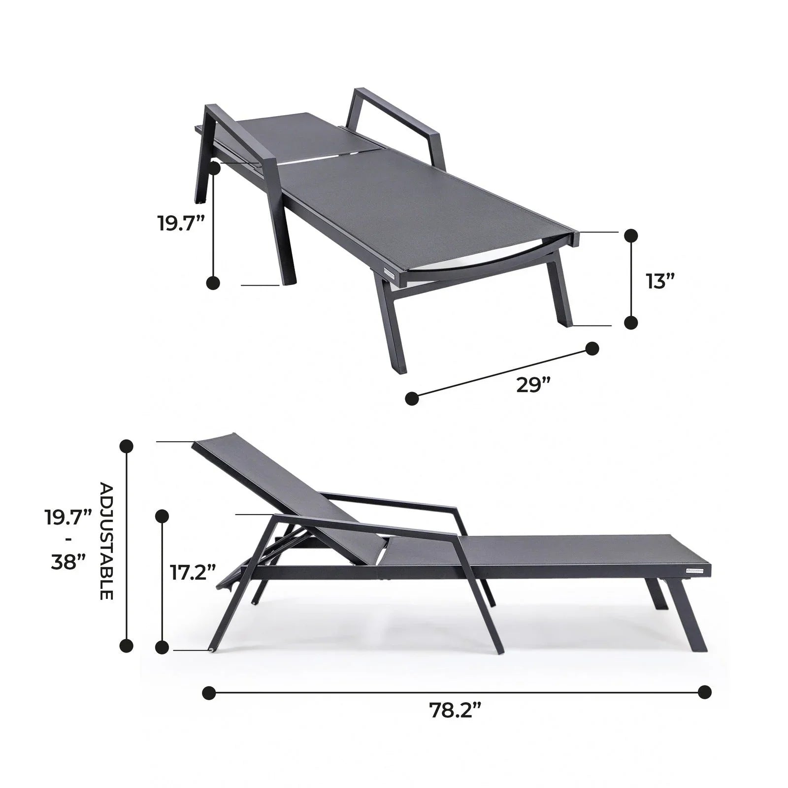 Marlin Patio Chaise Lounge Chair with Armrests in Black Aluminum Frame, Set of 2 - Elax Furniture