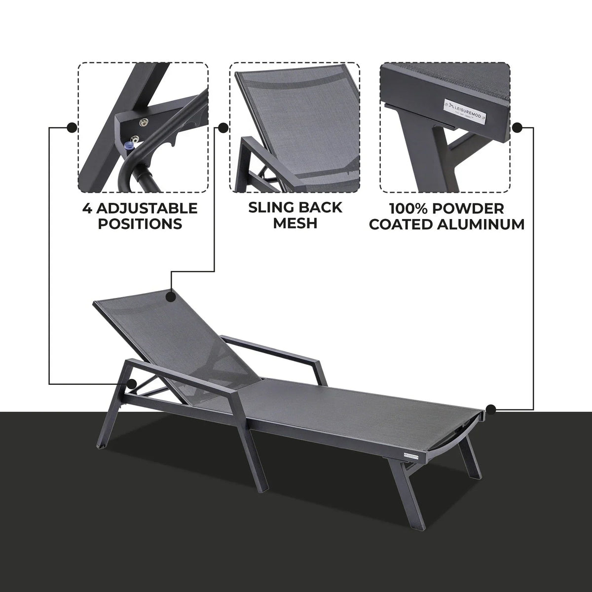 Marlin Patio Chaise Lounge Chair with Armrests in Black Aluminum Frame, Set of 2 - Elax Furniture