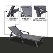 Marlin Patio Chaise Lounge Chair with Armrests in Black Aluminum Frame, Set of 2 - Elax Furniture
