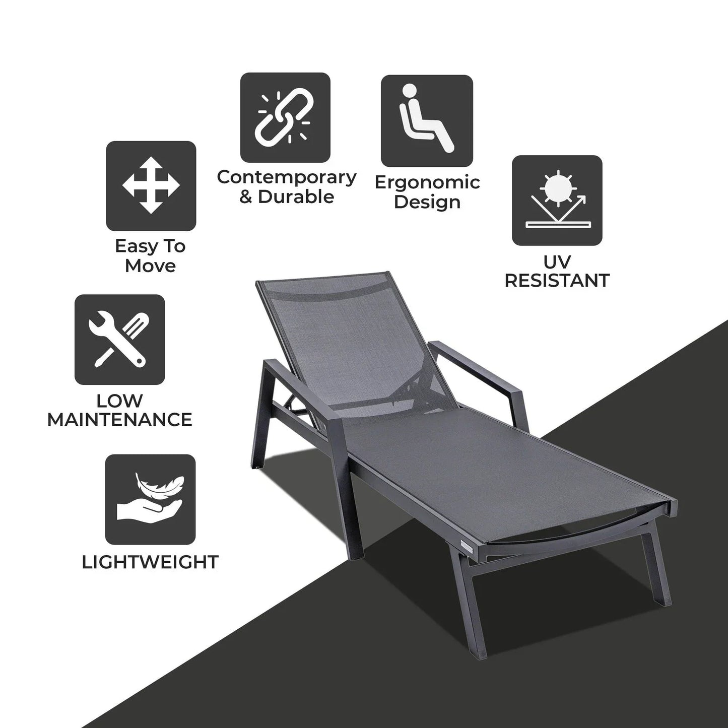Marlin Patio Chaise Lounge Chair with Armrests in Black Aluminum Frame, Set of 2 - Elax Furniture