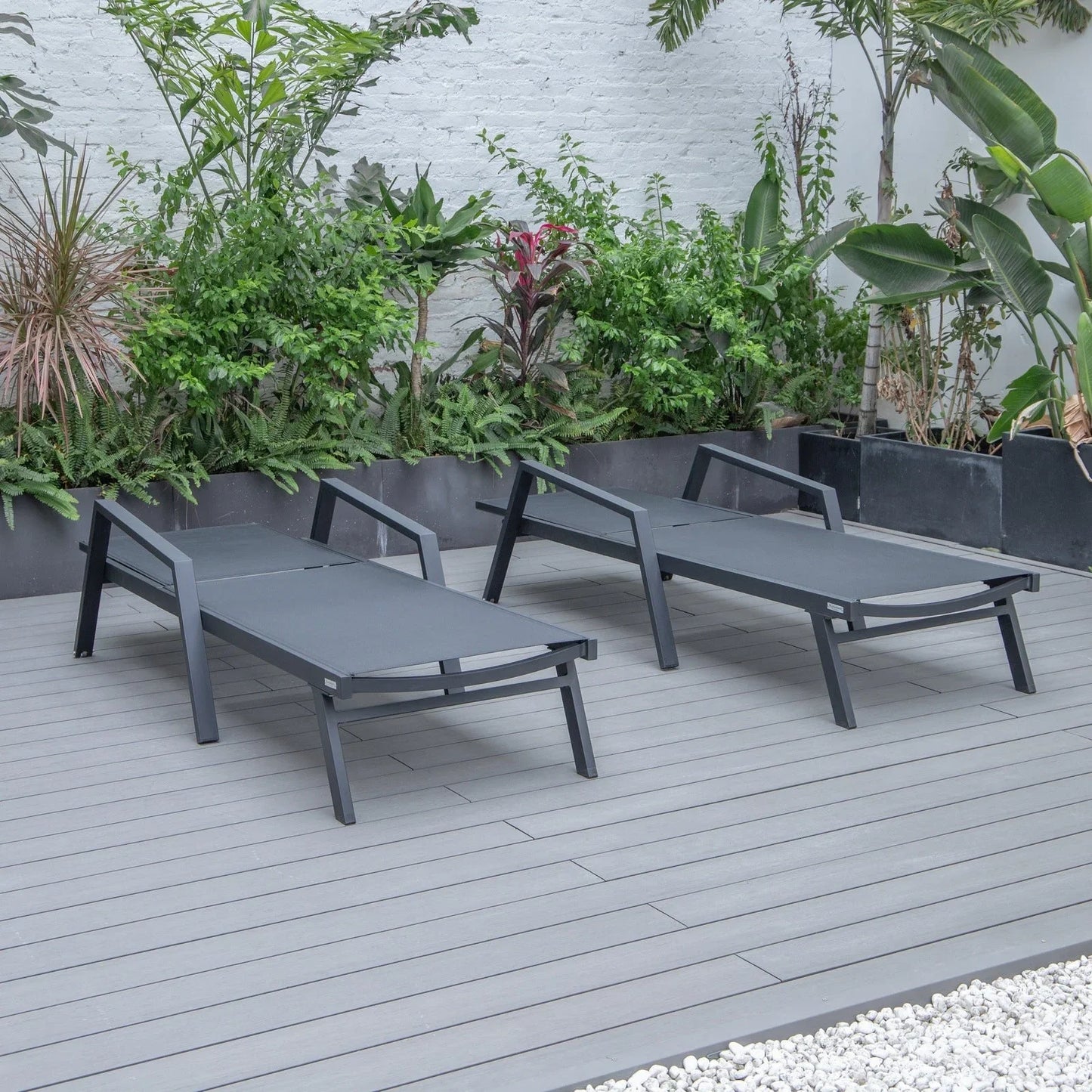 Marlin Patio Chaise Lounge Chair with Armrests in Black Aluminum Frame, Set of 2 - Elax Furniture