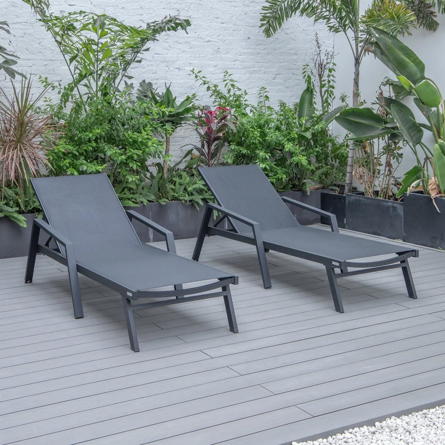 Marlin Patio Chaise Lounge Chair with Armrests in Black Aluminum Frame, Set of 2 - Elax Furniture