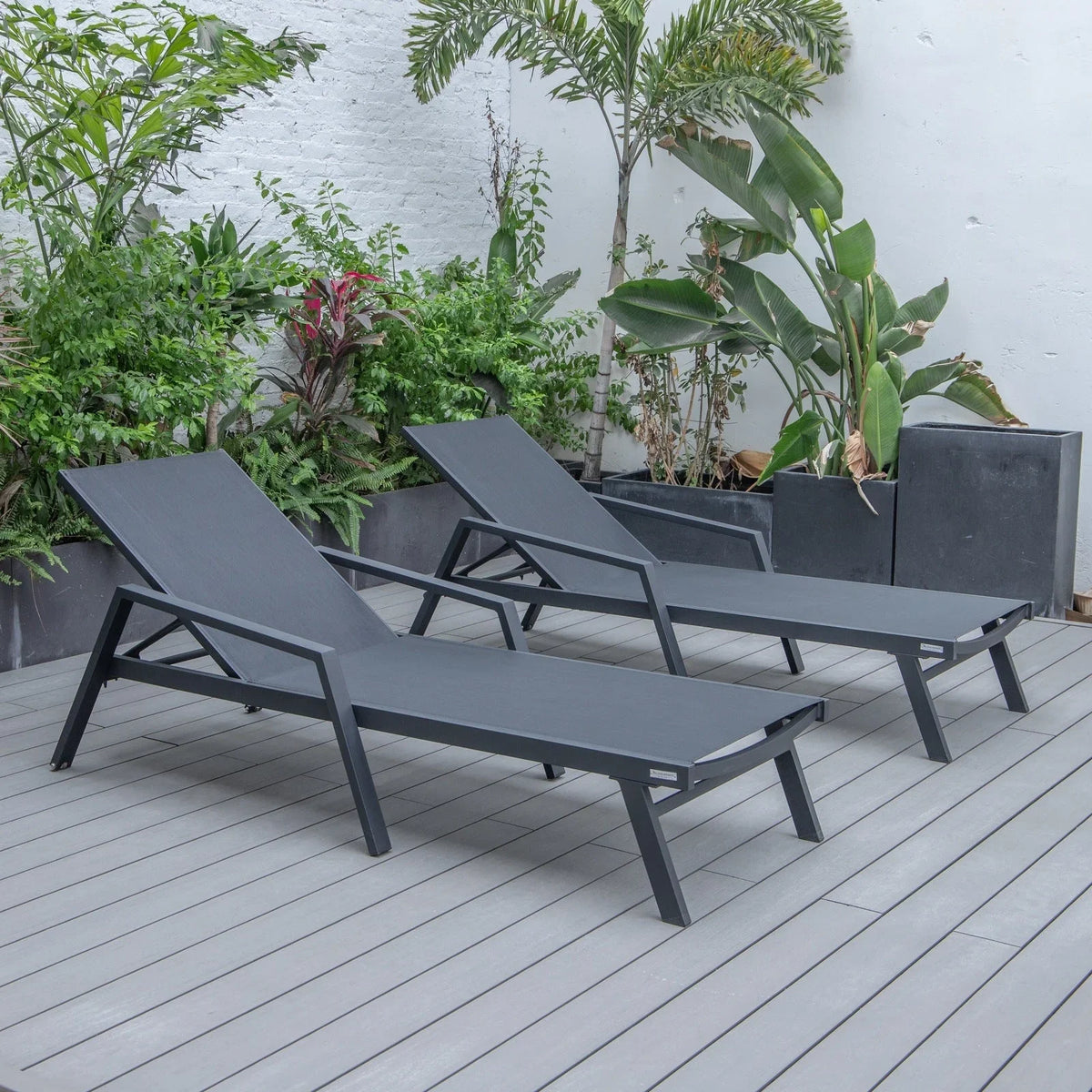 Marlin Patio Chaise Lounge Chair with Armrests in Black Aluminum Frame, Set of 2 - Elax Furniture