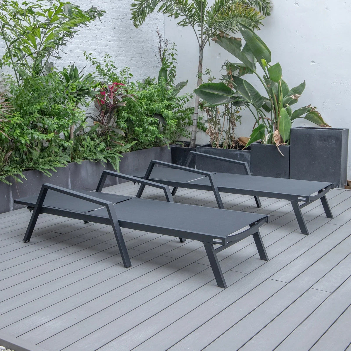 Marlin Patio Chaise Lounge Chair with Armrests in Black Aluminum Frame, Set of 2 - Elax Furniture