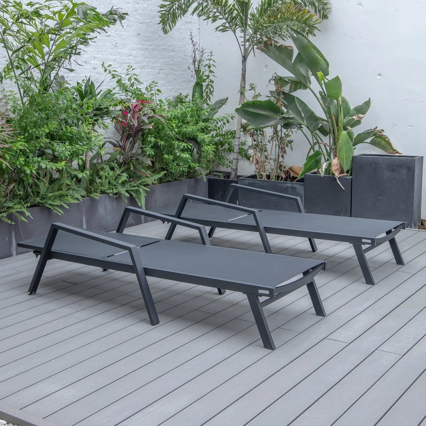 Marlin Patio Chaise Lounge Chair with Armrests in Black Aluminum Frame, Set of 2 - Elax Furniture