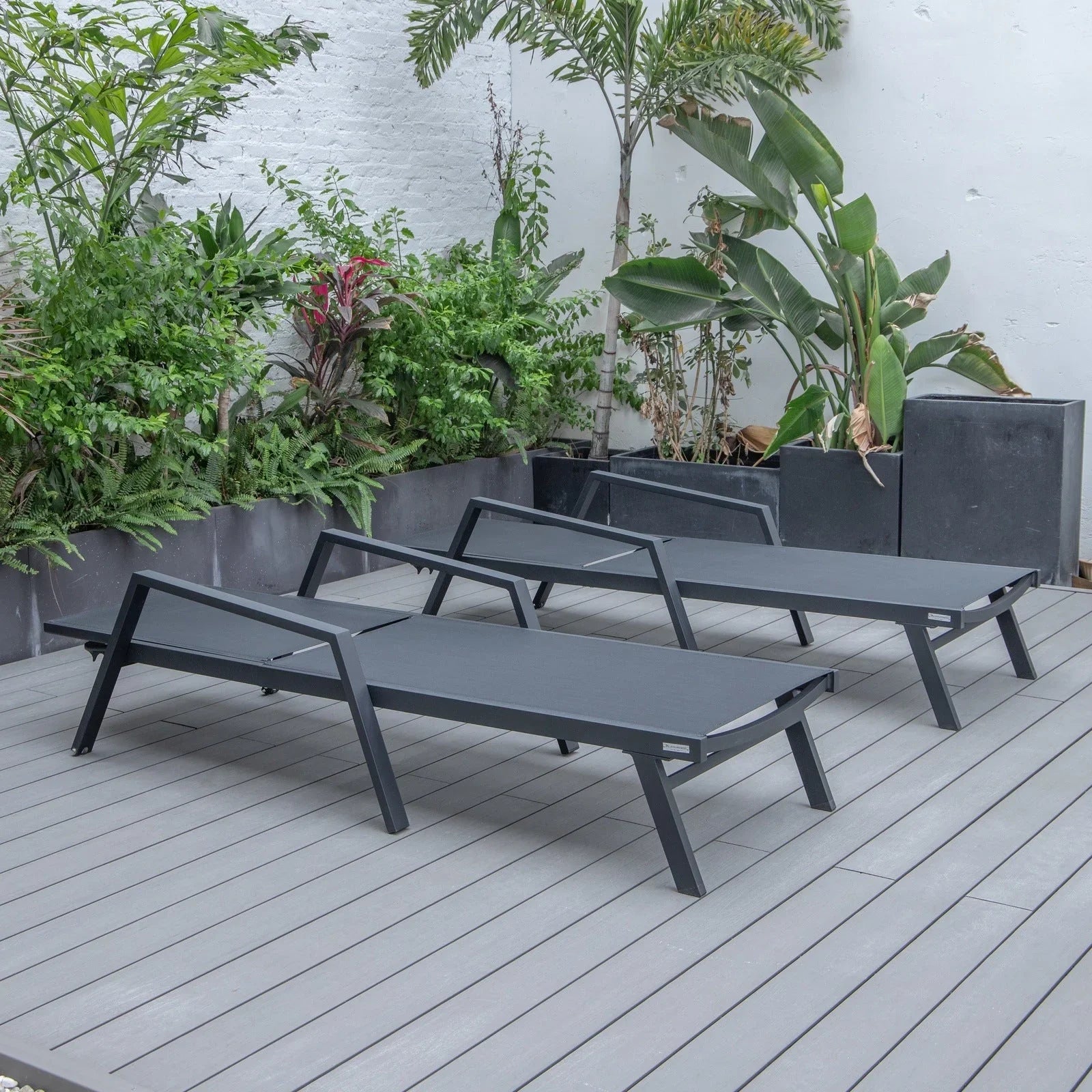 Marlin Patio Chaise Lounge Chair with Armrests in Black Aluminum Frame, Set of 2 - Elax Furniture