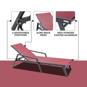 Marlin Patio Chaise Lounge Chair with Armrests in Black Aluminum Frame, Set of 2 - Elax Furniture
