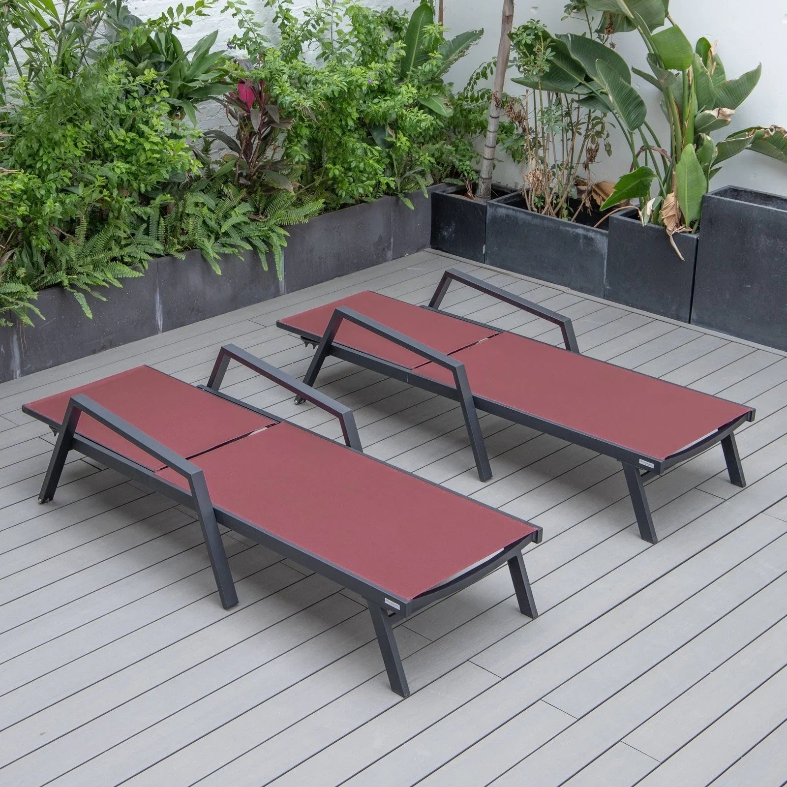 Marlin Patio Chaise Lounge Chair with Armrests in Black Aluminum Frame, Set of 2 - Elax Furniture