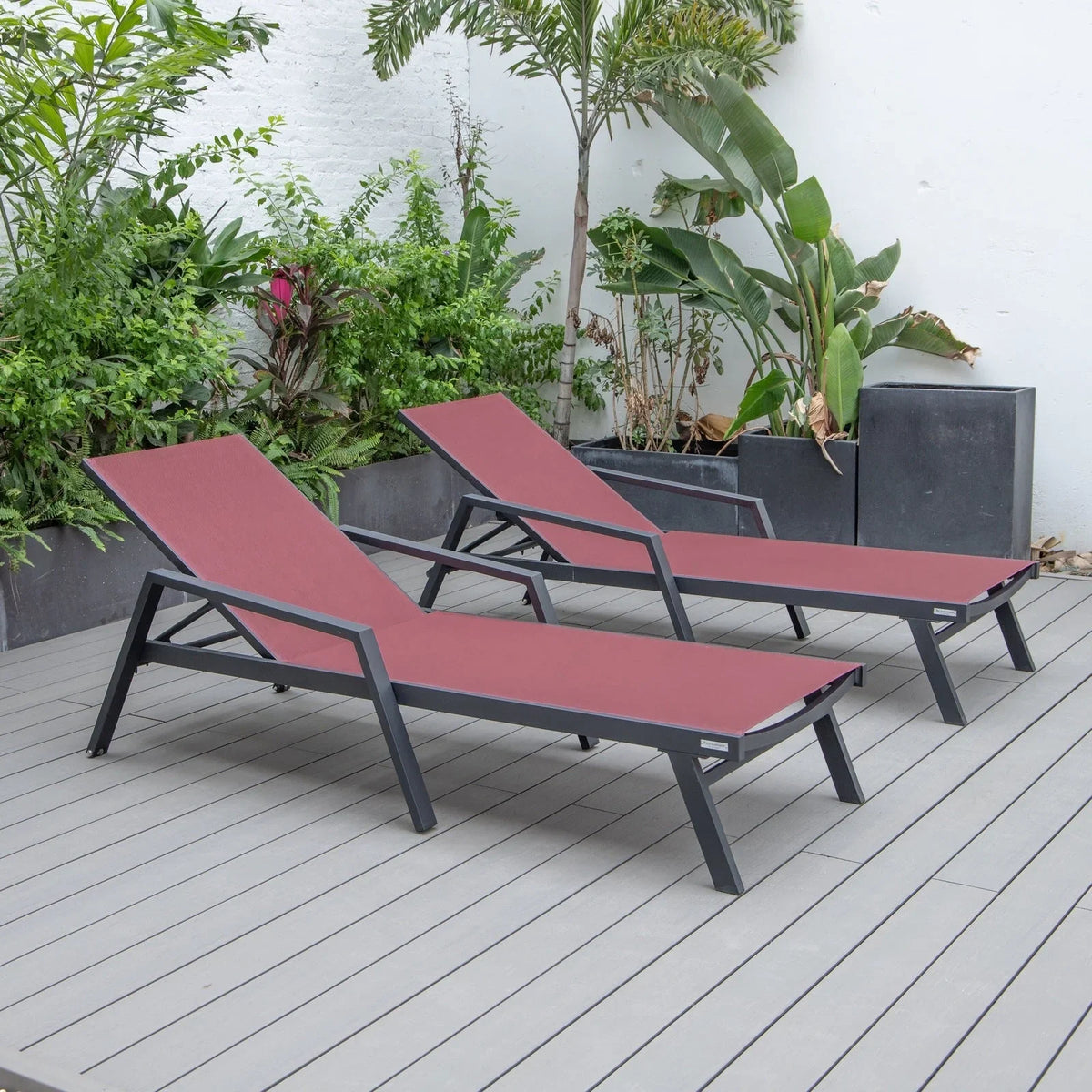 Marlin Patio Chaise Lounge Chair with Armrests in Black Aluminum Frame, Set of 2 - Elax Furniture