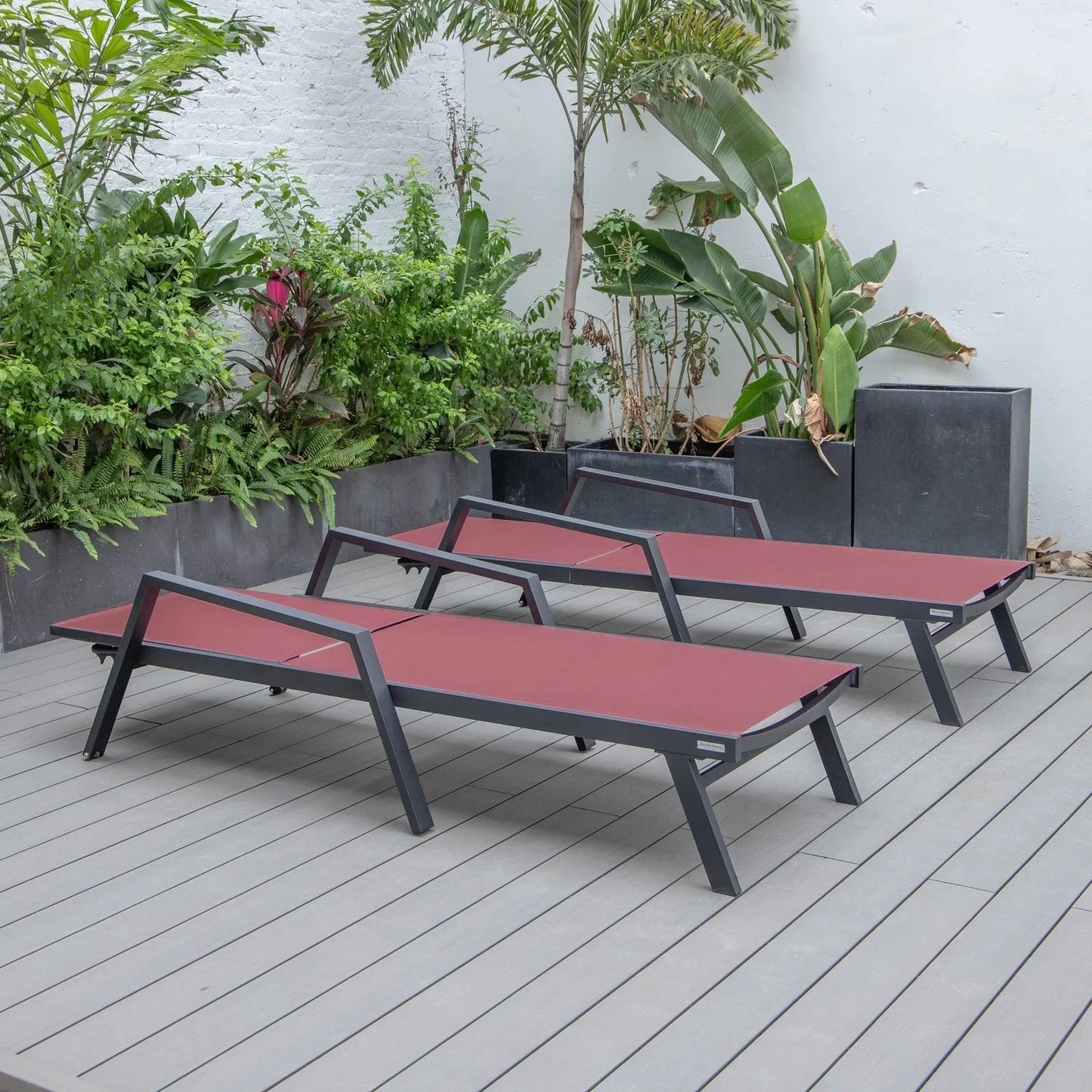 Marlin Patio Chaise Lounge Chair with Armrests in Black Aluminum Frame, Set of 2 - Elax Furniture