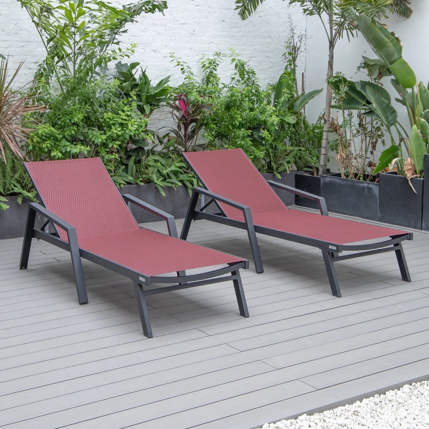 Marlin Patio Chaise Lounge Chair with Armrests in Black Aluminum Frame, Set of 2 - Elax Furniture