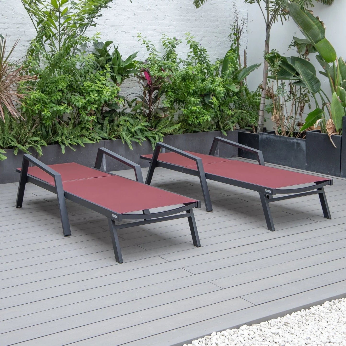 Marlin Patio Chaise Lounge Chair with Armrests in Black Aluminum Frame, Set of 2 - Elax Furniture