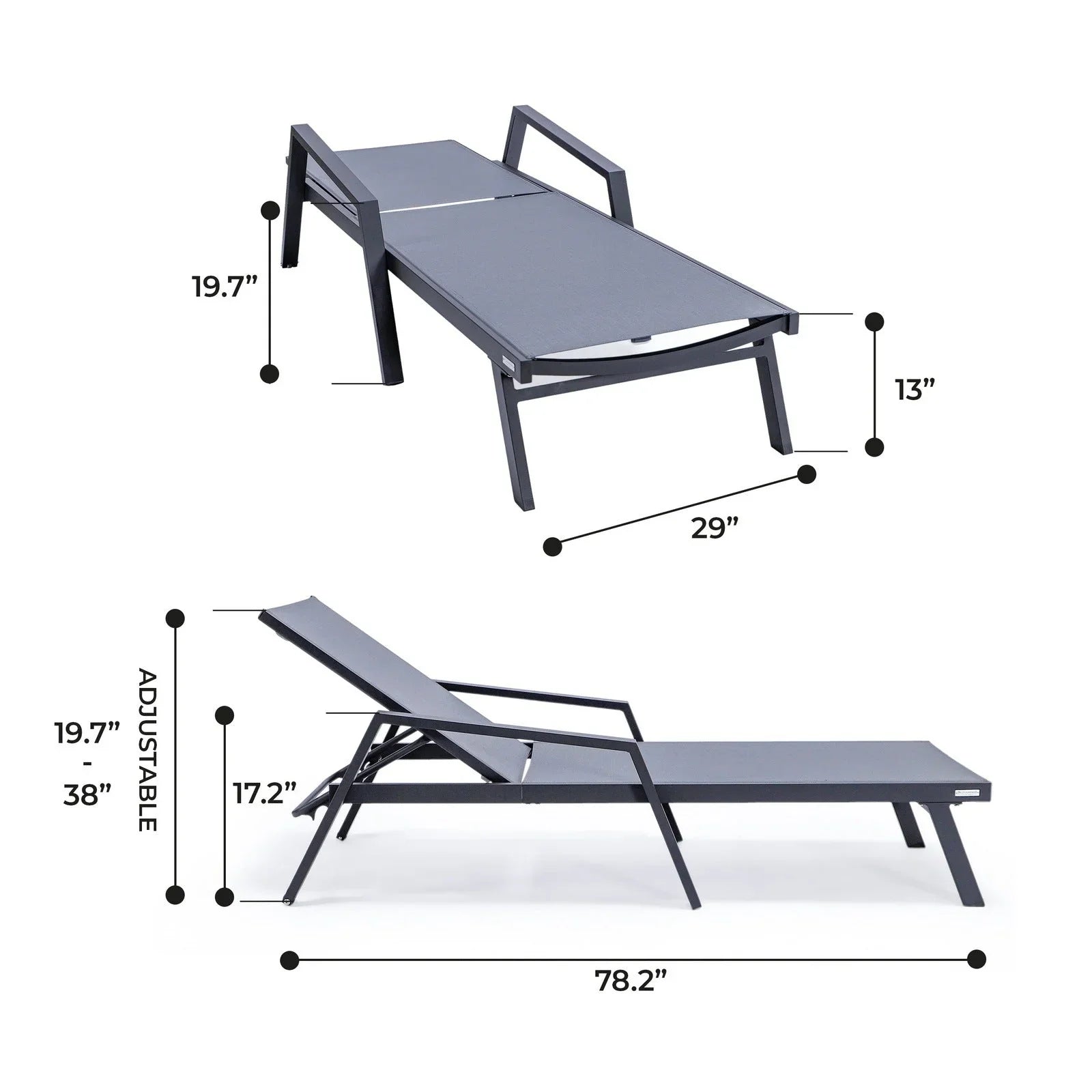 Marlin Patio Chaise Lounge Chair with Armrests in Black Aluminum Frame, Set of 2 - Elax Furniture