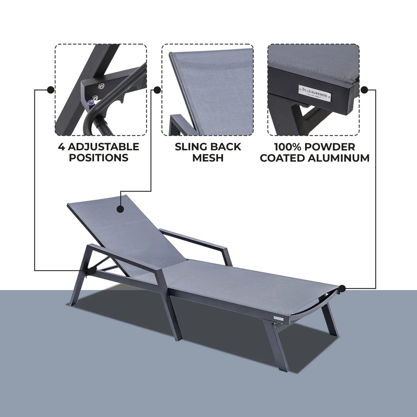 Marlin Patio Chaise Lounge Chair with Armrests in Black Aluminum Frame, Set of 2 - Elax Furniture