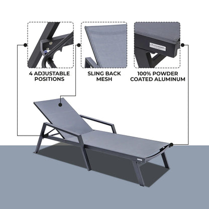 Marlin Patio Chaise Lounge Chair with Armrests in Black Aluminum Frame, Set of 2 - Elax Furniture