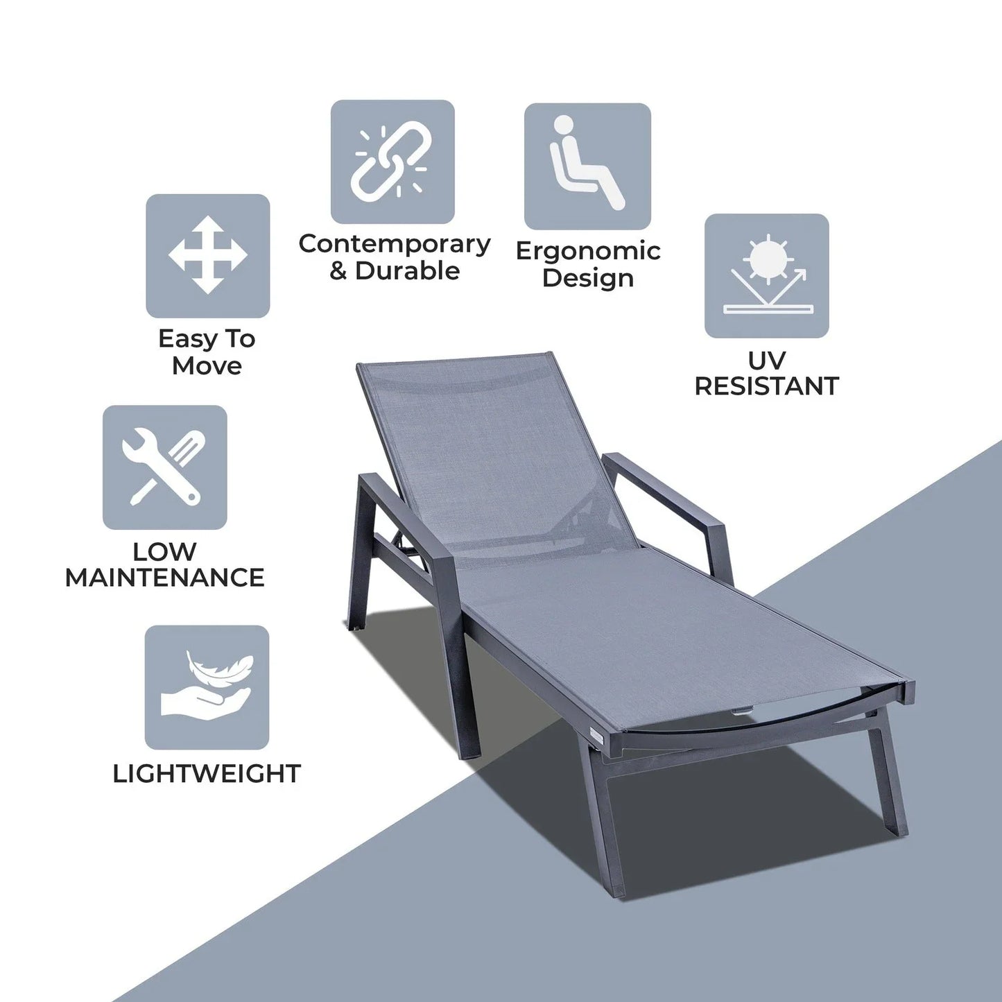 Marlin Patio Chaise Lounge Chair with Armrests in Black Aluminum Frame, Set of 2 - Elax Furniture