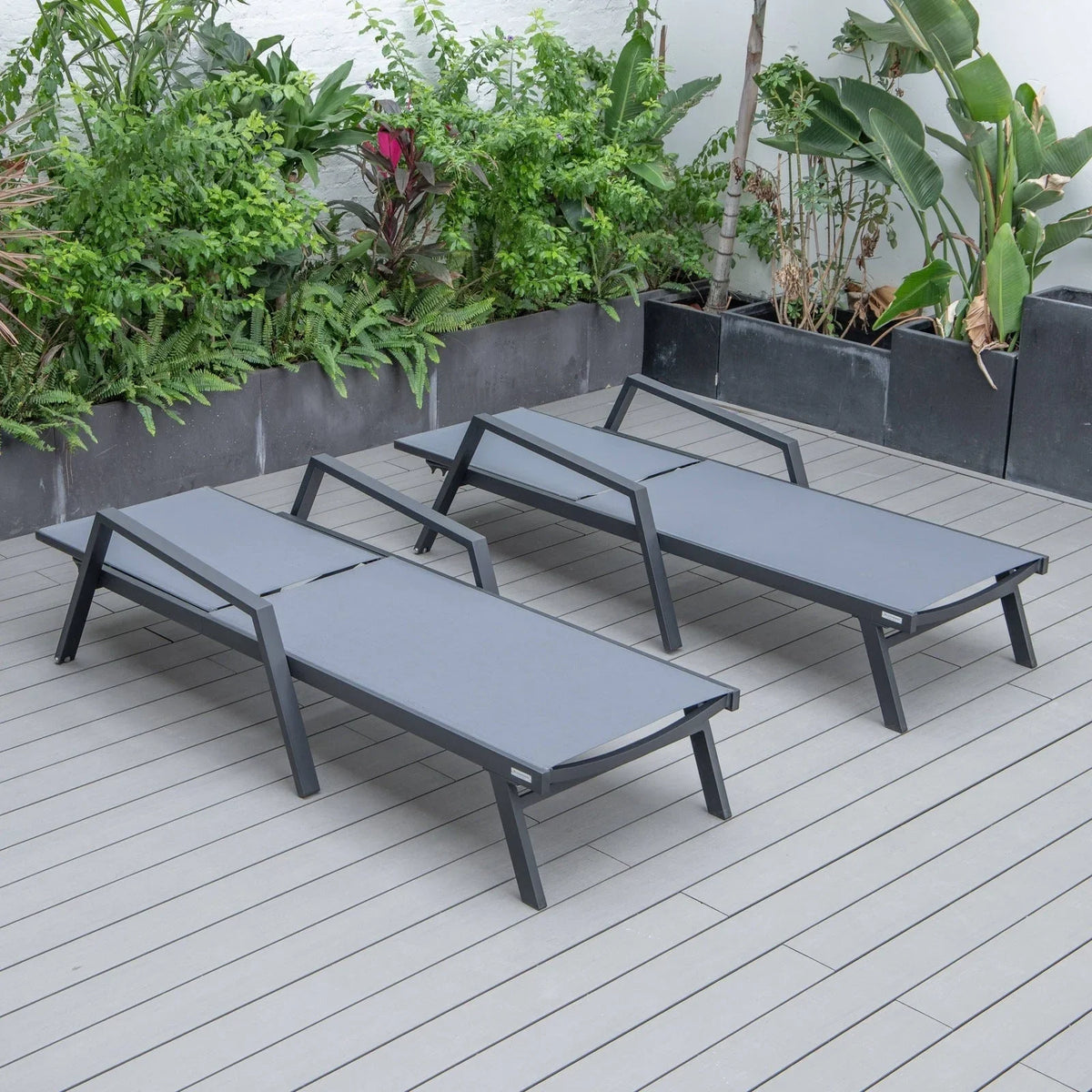 Marlin Patio Chaise Lounge Chair with Armrests in Black Aluminum Frame, Set of 2 - Elax Furniture