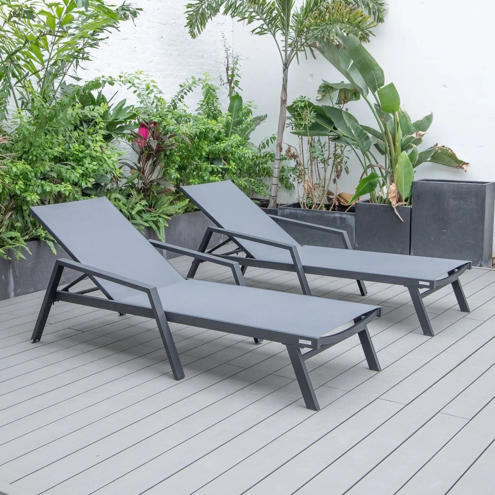 Marlin Patio Chaise Lounge Chair with Armrests in Black Aluminum Frame, Set of 2 - Elax Furniture