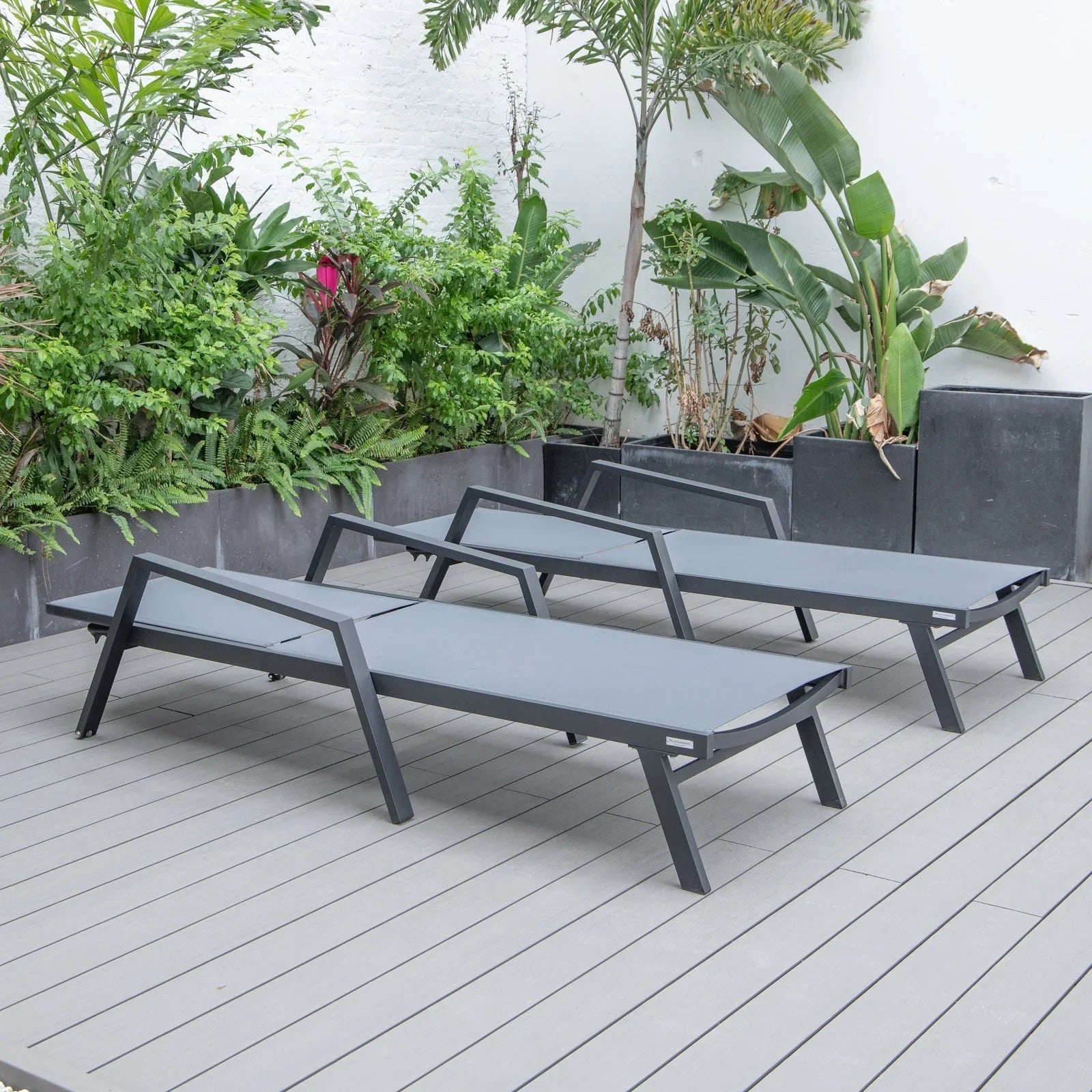 Marlin Patio Chaise Lounge Chair with Armrests in Black Aluminum Frame, Set of 2 - Elax Furniture