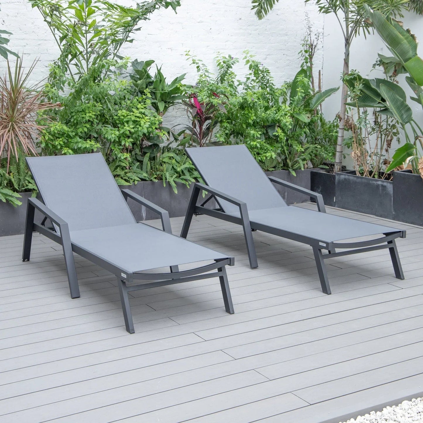 Marlin Patio Chaise Lounge Chair with Armrests in Black Aluminum Frame, Set of 2 - Elax Furniture