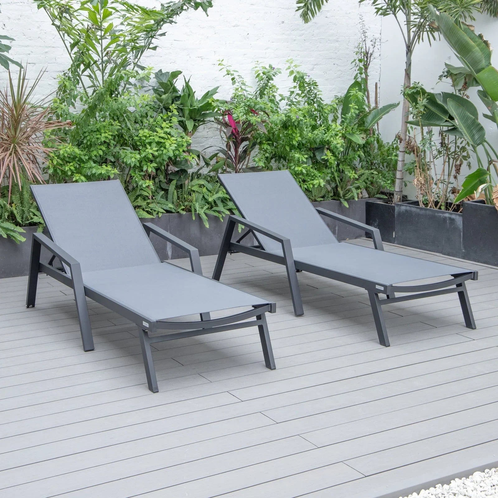 Marlin Patio Chaise Lounge Chair with Armrests in Black Aluminum Frame, Set of 2 - Elax Furniture