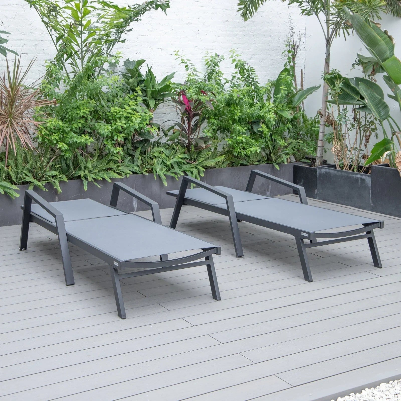 Marlin Patio Chaise Lounge Chair with Armrests in Black Aluminum Frame, Set of 2 - Elax Furniture