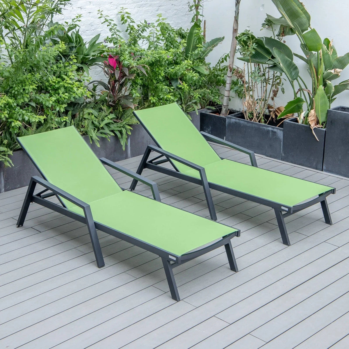Marlin Patio Chaise Lounge Chair with Armrests in Black Aluminum Frame, Set of 2 - Elax Furniture