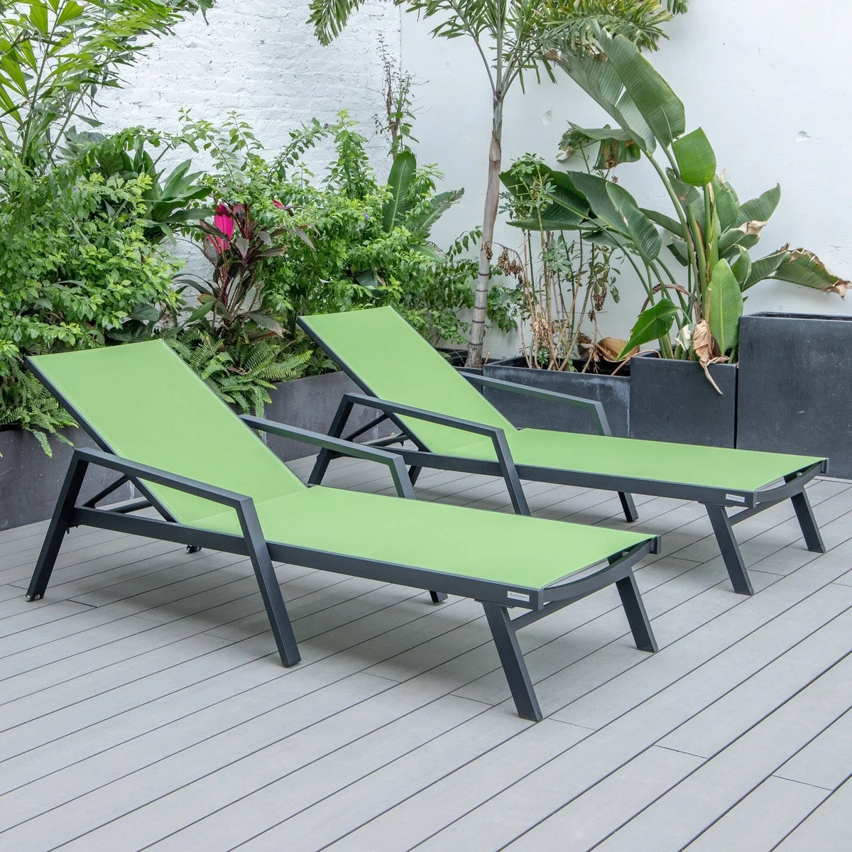 Marlin Patio Chaise Lounge Chair with Armrests in Black Aluminum Frame, Set of 2 - Elax Furniture