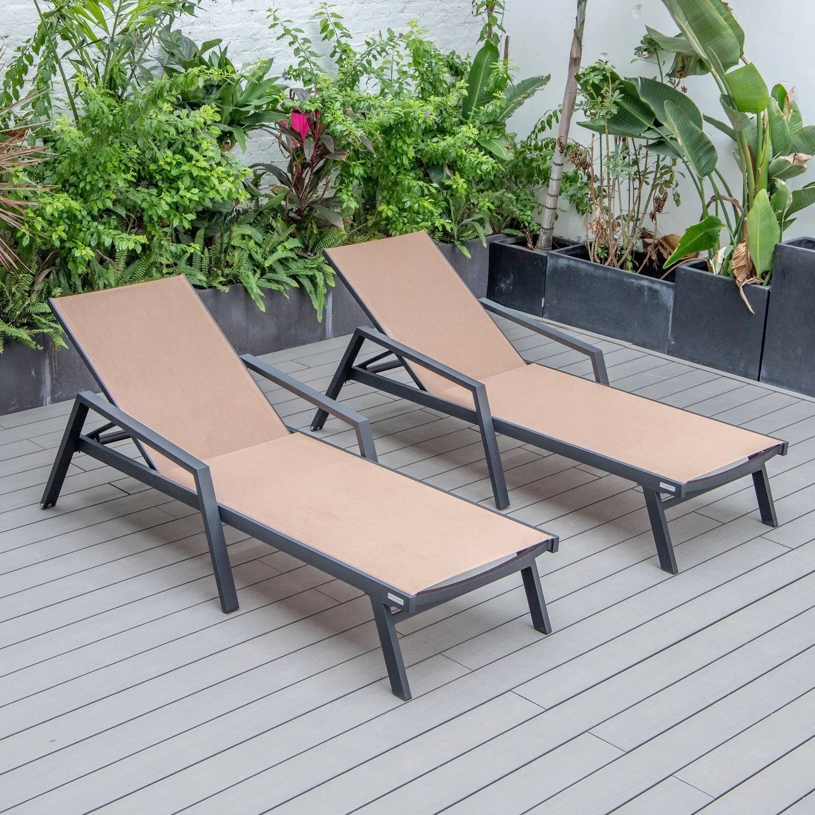 Marlin Patio Chaise Lounge Chair with Armrests in Black Aluminum Frame, Set of 2 - Elax Furniture