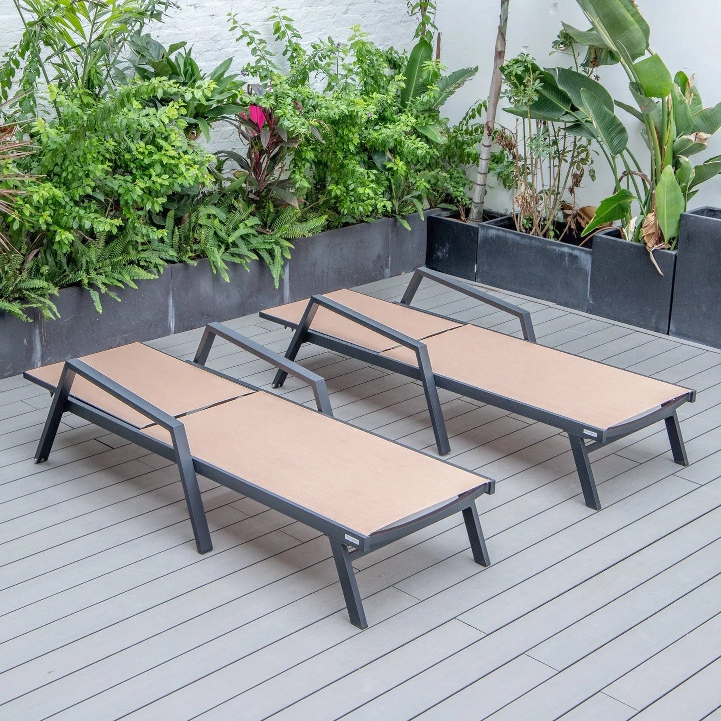 Marlin Patio Chaise Lounge Chair with Armrests in Black Aluminum Frame, Set of 2 - Elax Furniture