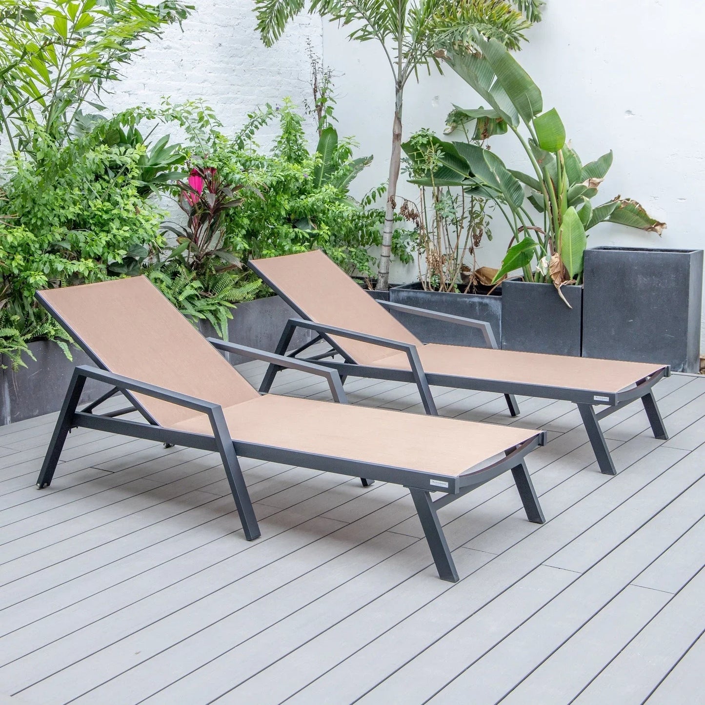 Marlin Patio Chaise Lounge Chair with Armrests in Black Aluminum Frame, Set of 2 - Elax Furniture