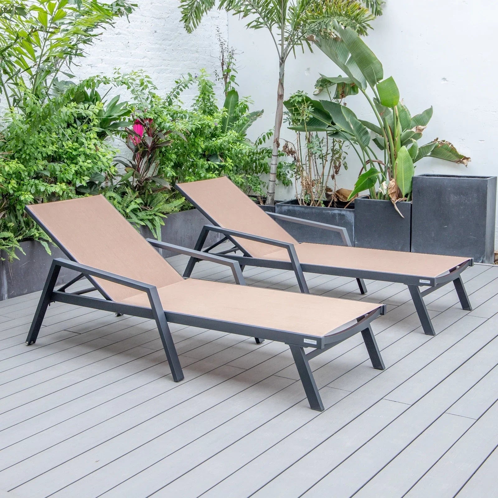 Marlin Patio Chaise Lounge Chair with Armrests in Black Aluminum Frame, Set of 2 - Elax Furniture