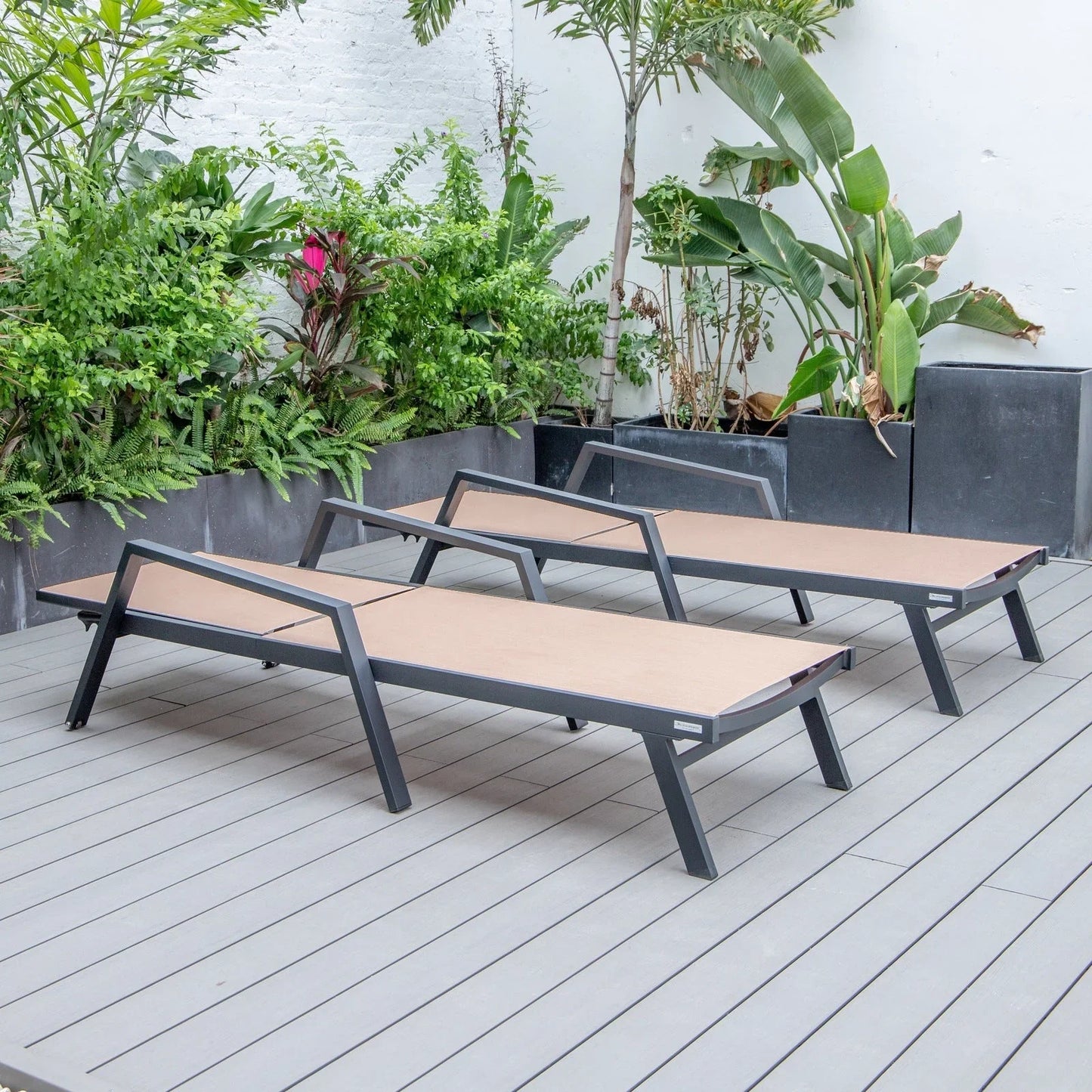 Marlin Patio Chaise Lounge Chair with Armrests in Black Aluminum Frame, Set of 2 - Elax Furniture