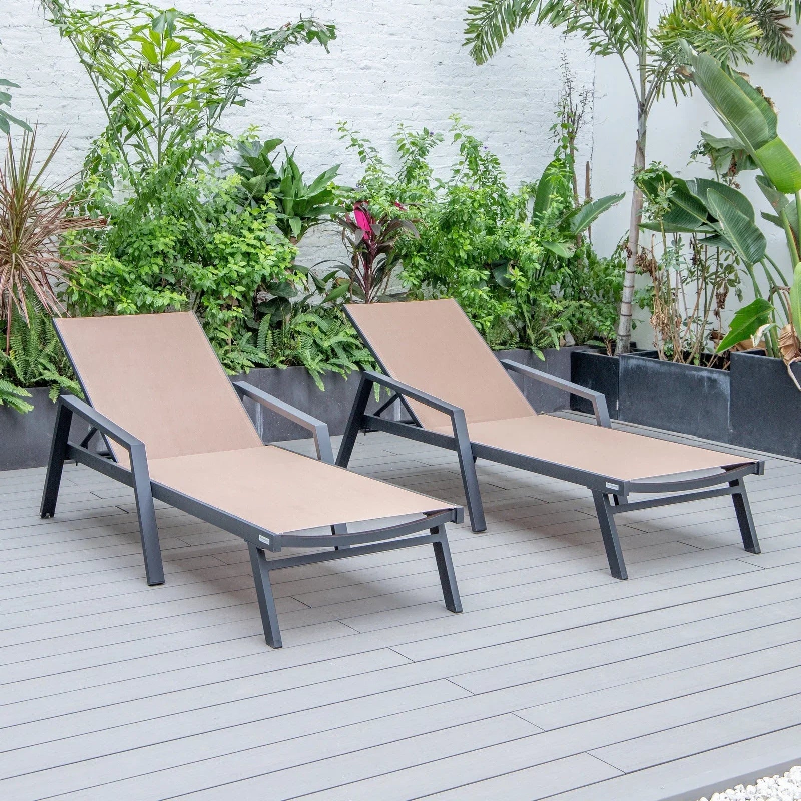 Marlin Patio Chaise Lounge Chair with Armrests in Black Aluminum Frame, Set of 2 - Elax Furniture