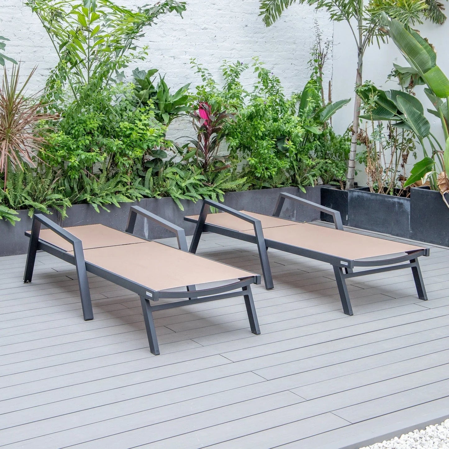 Marlin Patio Chaise Lounge Chair with Armrests in Black Aluminum Frame, Set of 2 - Elax Furniture