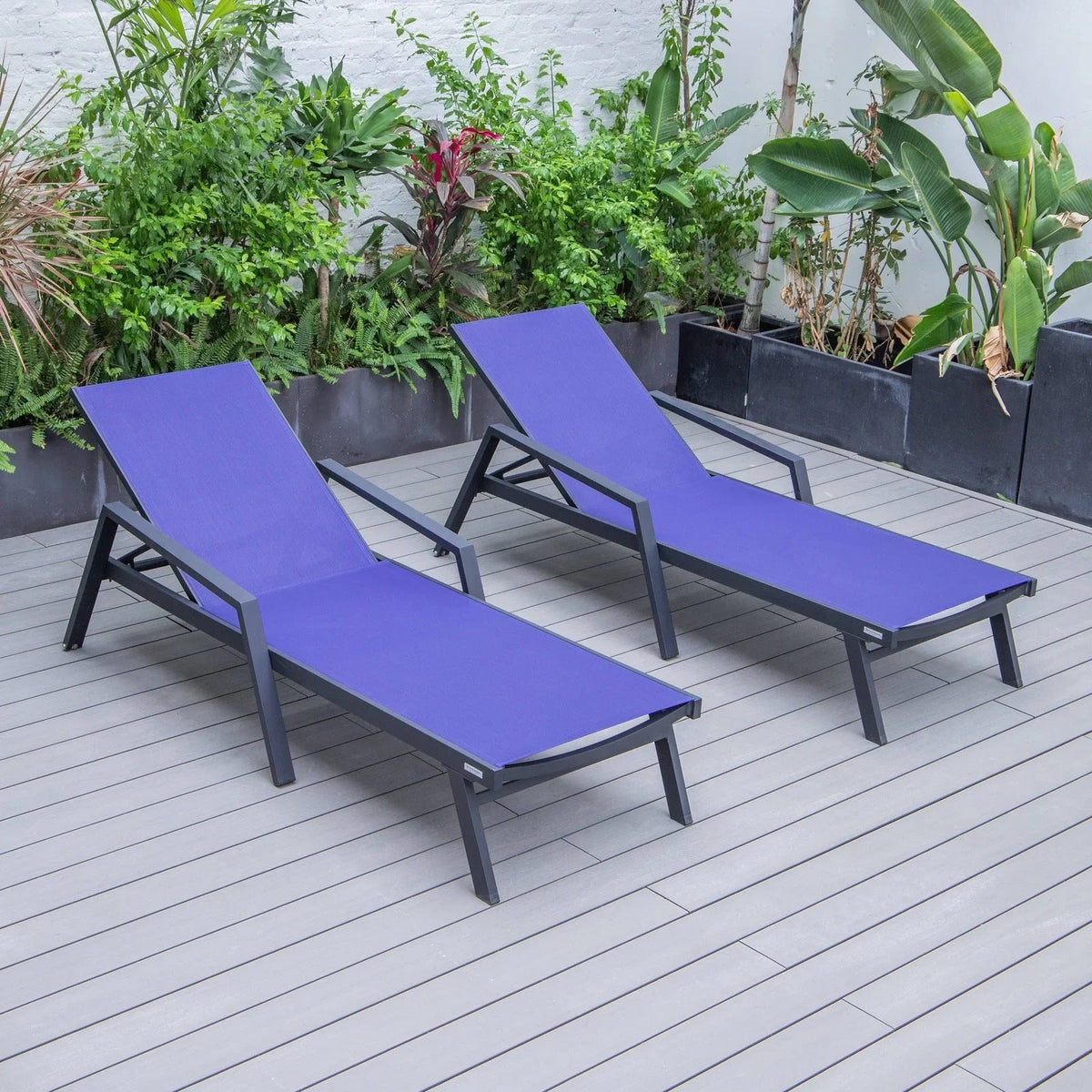 Marlin Patio Chaise Lounge Chair with Armrests in Black Aluminum Frame, Set of 2 - Elax Furniture