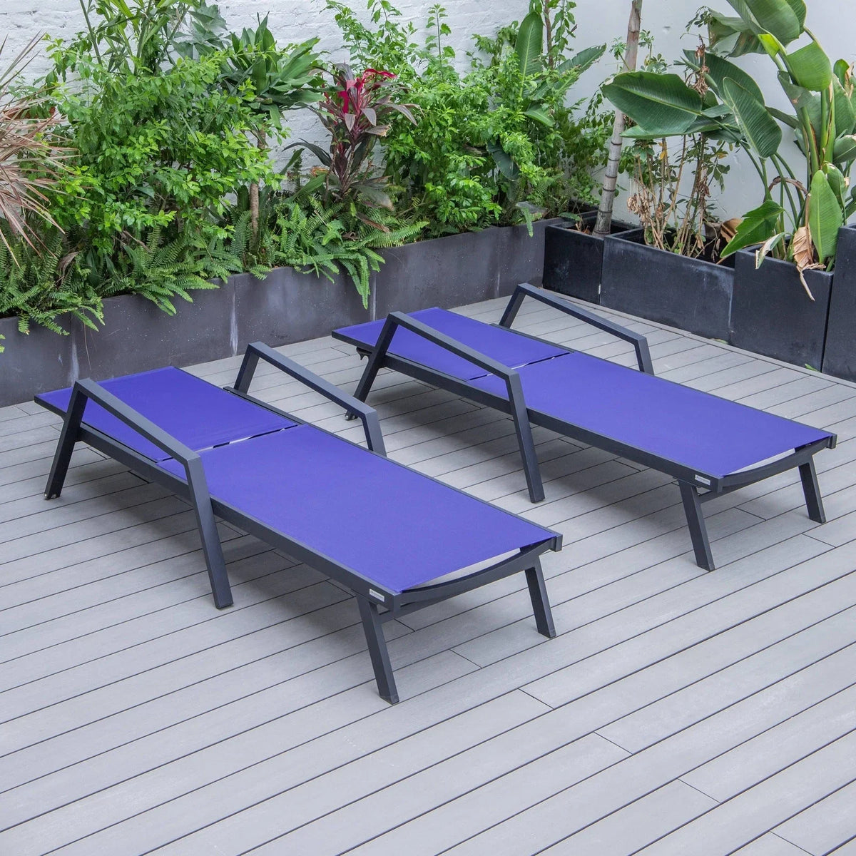 Marlin Patio Chaise Lounge Chair with Armrests in Black Aluminum Frame, Set of 2 - Elax Furniture